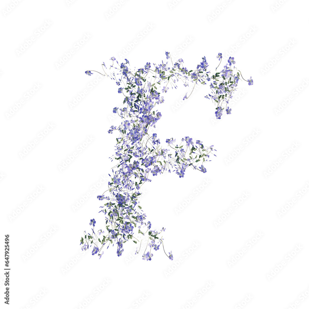 Font made of flowers and leaves, alphabet, font art 3d rendering with transparent background