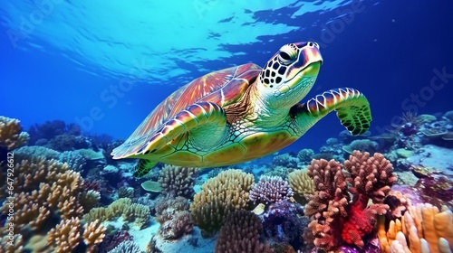 Hawksbill Turtle Eretmochelys imbricata drifts beneath water Maldives Indian Sea coral reef