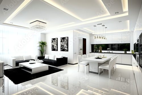 Luxurious interior design living room and white kitchen. Open plan interior. Side View.