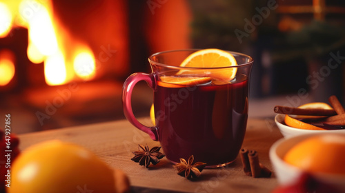 A cup of steaming hot mulled wine with cinnamon sticks and oranges