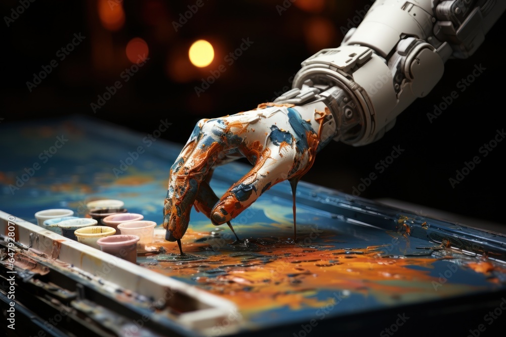 Closeup Robot Ai creative painting on color canvas, Generative with Ai. Closeup Robot Ai creative painting on color canvas, Generative with Ai.