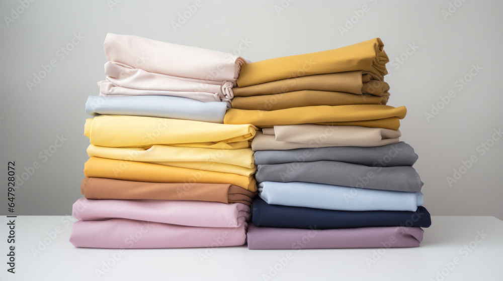 Folded clothes in stacks of various simple colors placed on a table on a white background Folded clothes in stacks of various simple colors placed on a table on a white background