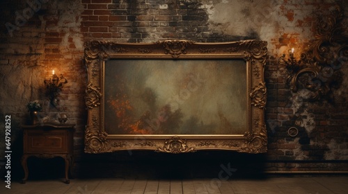 Design a captivating masterpiece that captures the essence of opulence with a blank frame against a rustic brick wall.