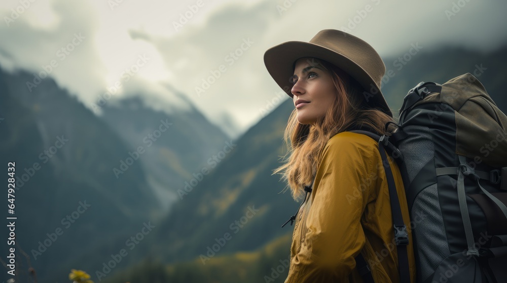 Lady explorer on a beat of a mountain Lady explorer on a beat of a mountain