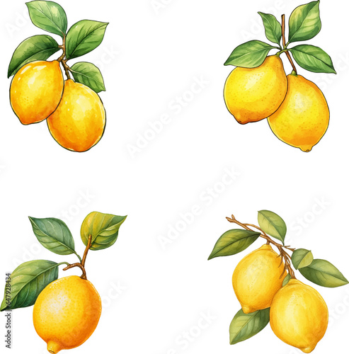 Lemons vector watercolor illustration set, Lemons 3D realistic icon