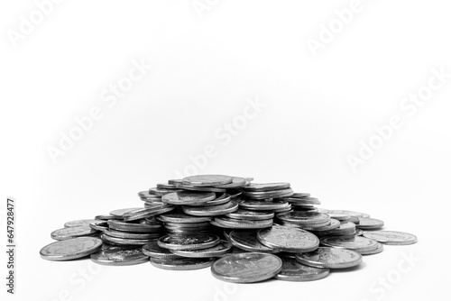 A pile of Thai baht coins isolated on white background. Coins photo for economic graphic design. 