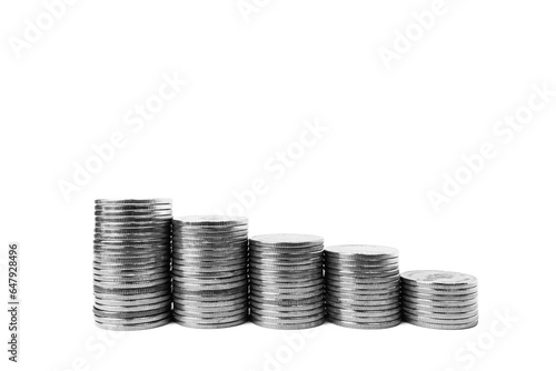 Descending stacked coins isolated on white background. Coins photo for economic graphic design. Pareto shape for illustrations