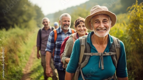 Lady Making a difference Man On Path As Gather Of Senior Companions Go Climbing In Farmland Together