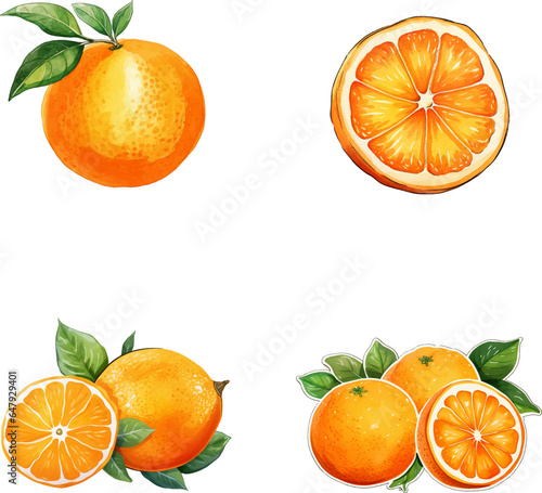 Orange vector watercolor illustration set, Orange 3D realistic icon
