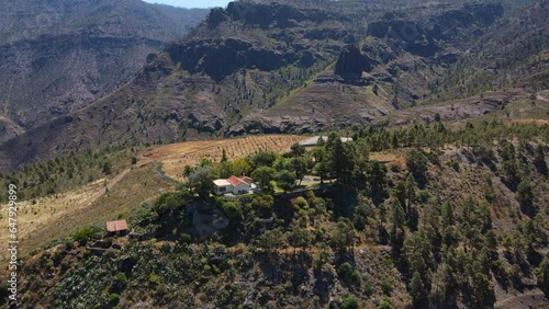 Tirma Natural Park, Gran Canaria: aerial view in orbit over a group of trees and housing, seeing large mountains. On a sunny day. photo