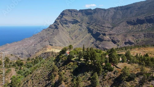 Tirma Natural Park, Gran Canaria: aerial view in orbit over a group of trees and seeing the ocean and the great mountains. On a sunny day. photo