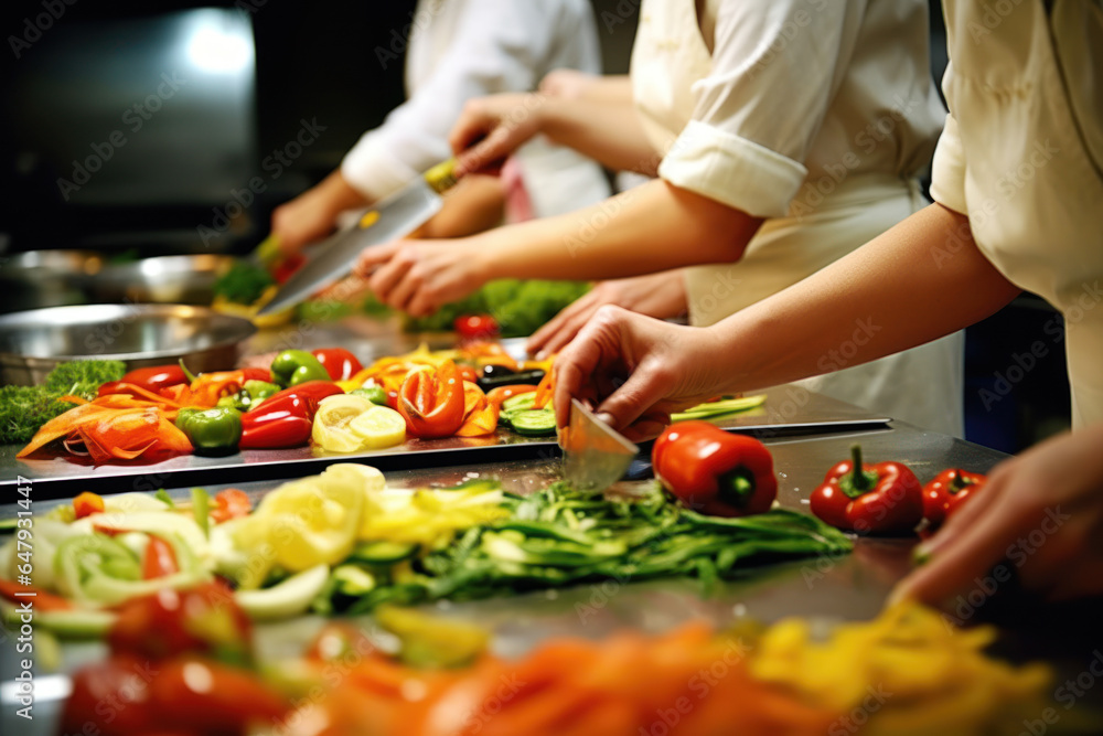 Close up of chefs hands cutting vegetables in the kitchen at hotel or restaurant