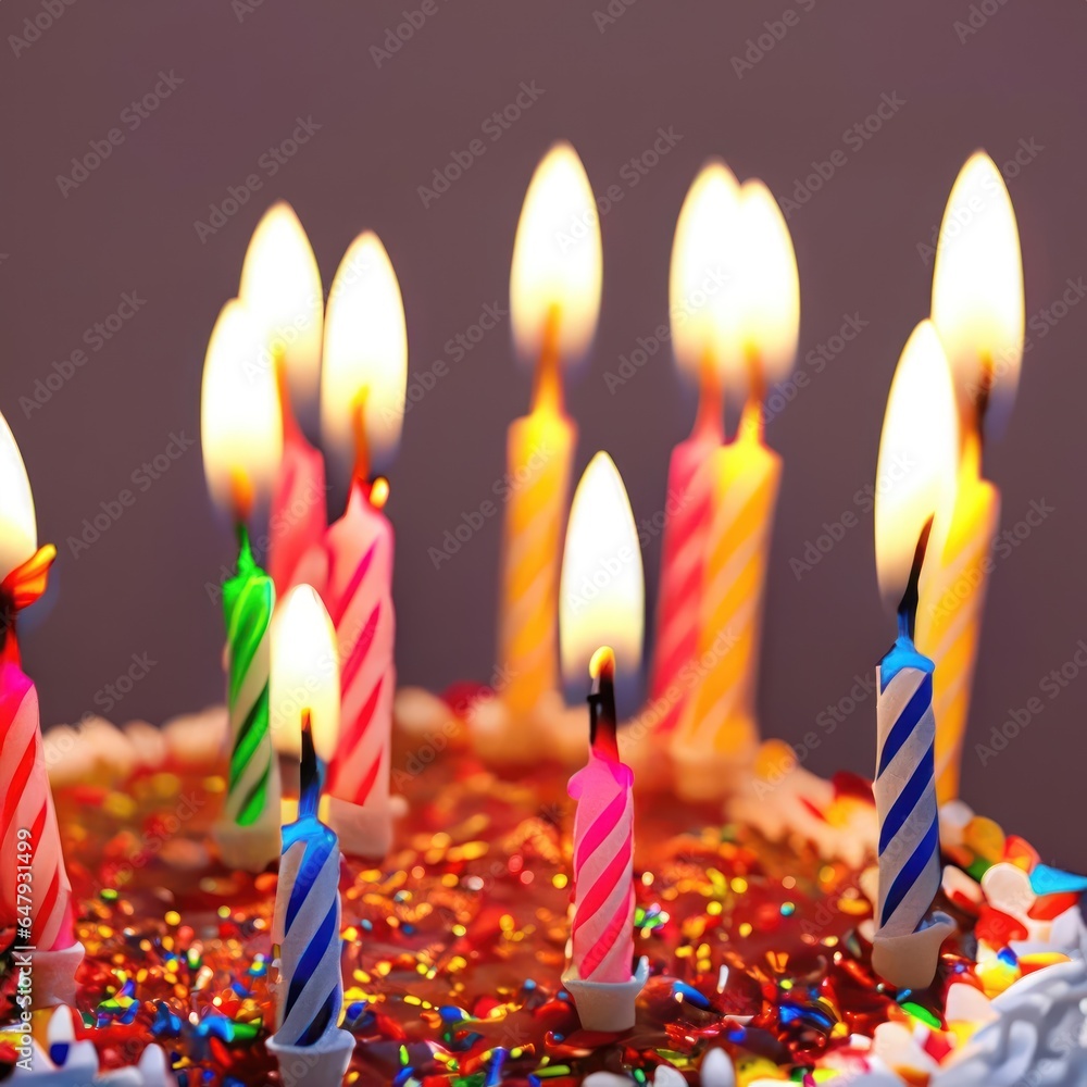 Close-up of glowing candles on a birthday cake with sprinkles Close-up of glowing candles on a birthday cake with sprinkles