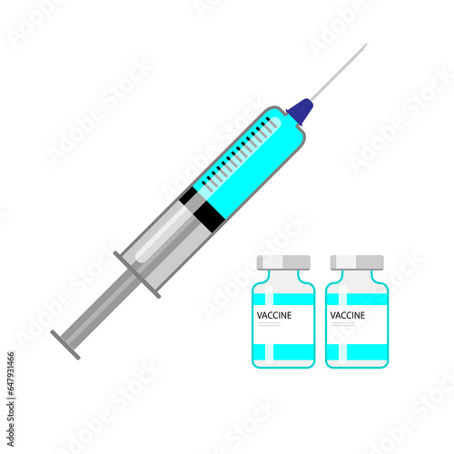 Syringe and vaccine vial. Treatment vaccine injection Medical flat simple outline logo Isolated on white background Vector illustration