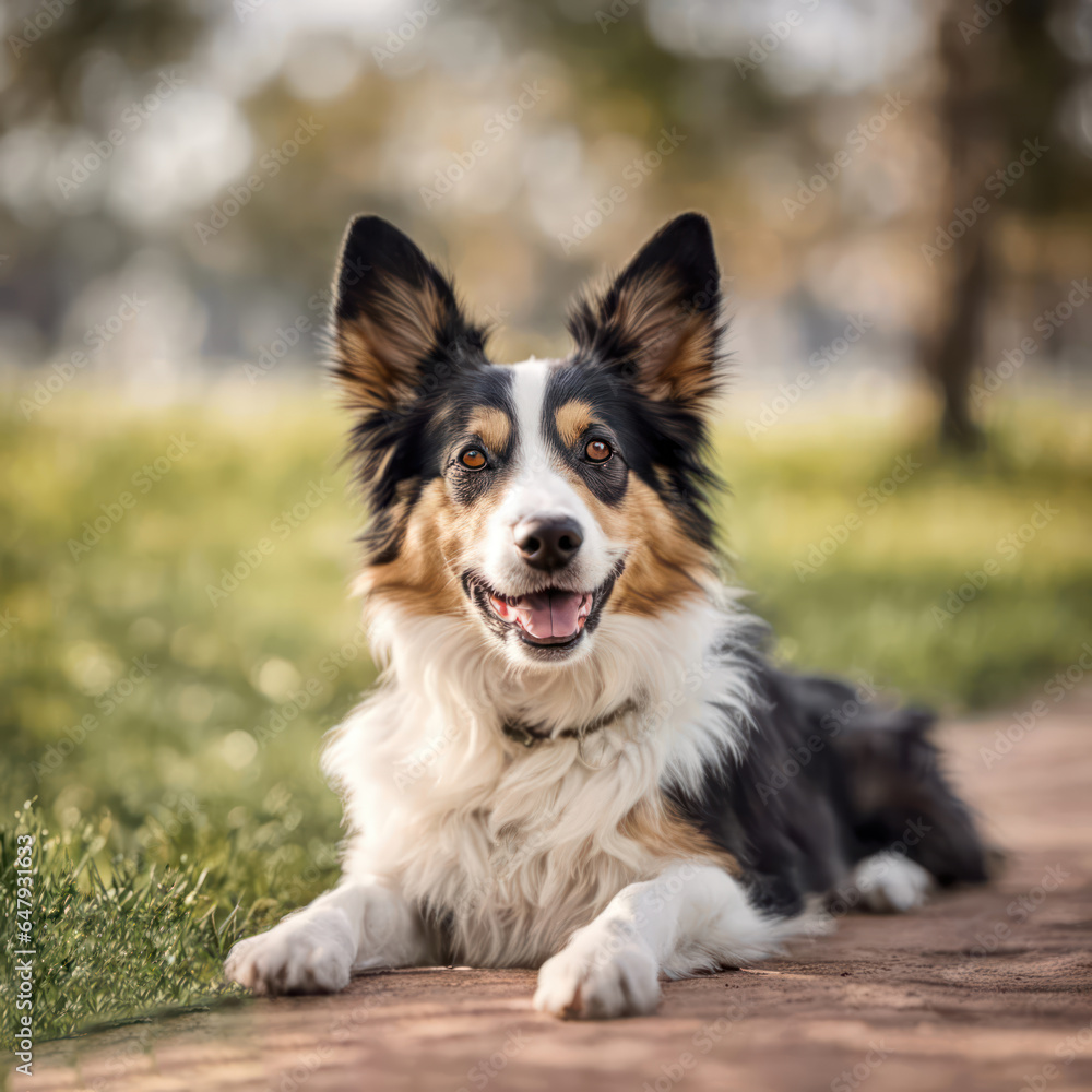 Smiling black, tan and white Aussie Shepherd on a dirt path Smiling black, tan and white Aussie Shepherd on a dirt path