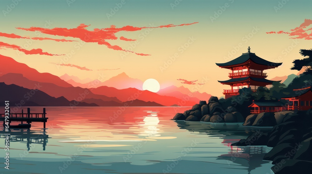 Itsukushima Shrine Poster in the Morning Day with Sunrise Sky View generative ai Itsukushima Shrine Poster in the Morning Day with Sunrise Sky View generative ai