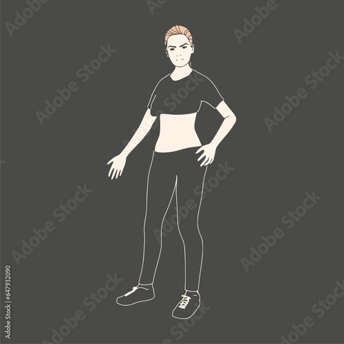 Standing woman. Sport girl illustration. Casual sportwear - t-shirt, breeches and sneakers. Young woman wearing workout clothes. Sport fashion girl outline in urban casual style.