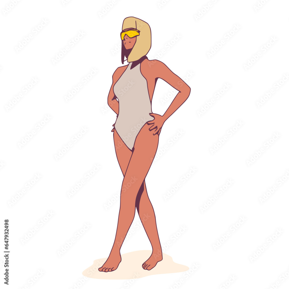 Illustration of a beautiful fashion model posing in a stylish swimsuit wearing sunglasses. Young attractive woman in beachwear. Illustration of a beautiful fashion model posing in a stylish swimsuit wearing sunglasses. Young attractive woman in beachwear.
