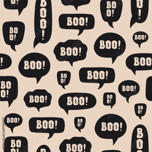 Abstract seamless pattern with halloween design of speech bubble and word BOO on a beige  background. Black and beige colors. Vector illustration