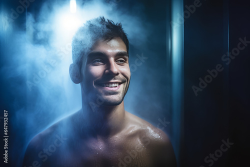 Portrait of young dark-haired man in steam room, shower or cryotherapy cabin