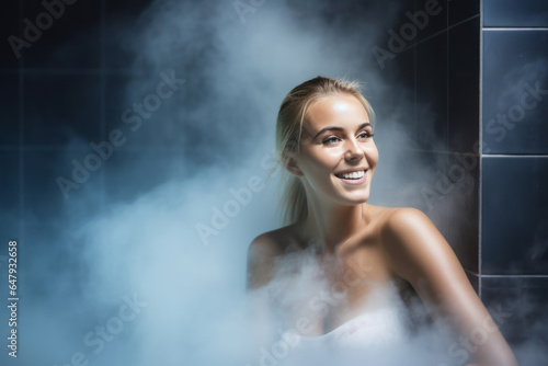 Young blonde woman in steam room, cryotherapy cabin, shower, or sauna in spa