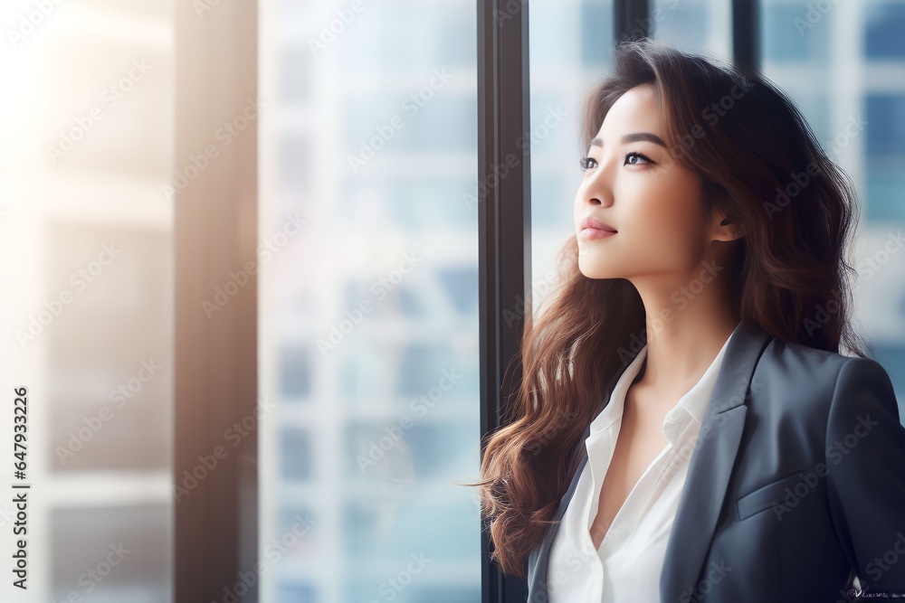 Confident young Asian businesswoman standing at window in office alone