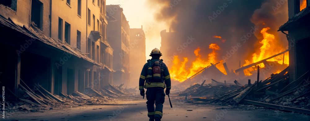 Urban Heroism, Lone Firefighter Aftermath, AI Generated