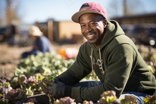 African American man volunteering at a community garden, Generative AI