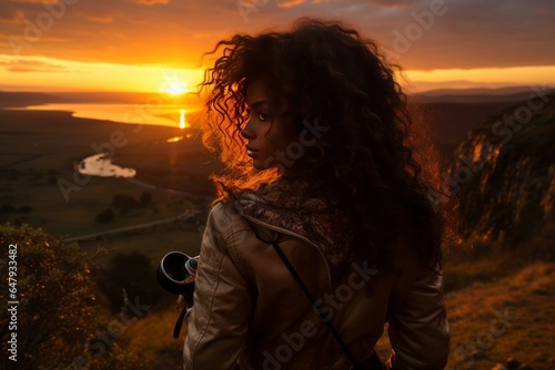 African American woman capturing a stunning sunset with her camera, Generative AI