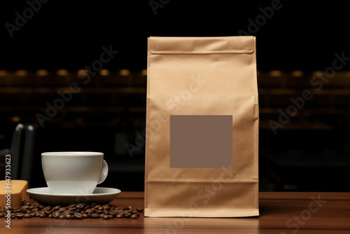 Brown Coffee Craft Paper Pouch Bag Packaging with Label Mockup, Empty Packaging Template, Blank Merchandise Advertising Display. Generative AI