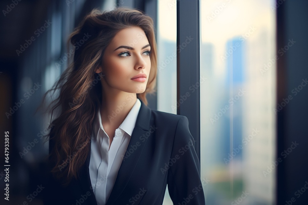 Confident young businesswoman standing at window in office alone