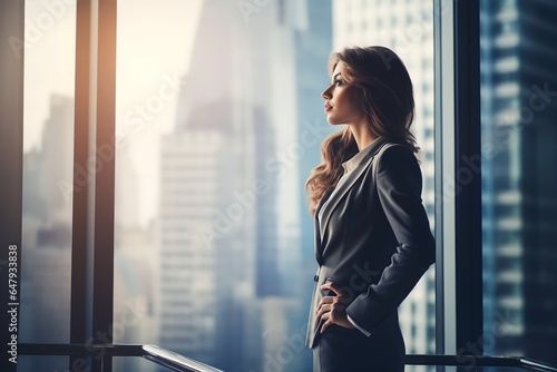 Confident young businesswoman standing at window in office alone Free Download Confident young businesswoman standing at window in office alone - GFXLoad