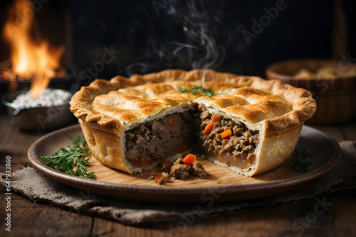 round whole meat pie with smoking on a plate over wooden background. 