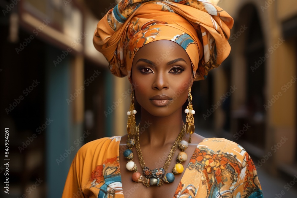 Elegant African woman wearing traditional attire, standing against a rich cultural backdrop, Generative AI
