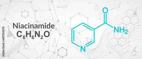 Nicotinamide or niacinamide molecule. It is vitamin B3 found in food, used as a dietary supplement. Structural chemical formula.