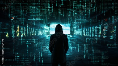 A data breach with unauthorized access, a dark silhouette of a hacker against a backdrop of abstract, digital cyberspace. The essence of cybercrime highlights the threat of hacking.