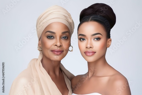 Portrait of african american old and young beauty women, in studio white background, face skin care, beautiful