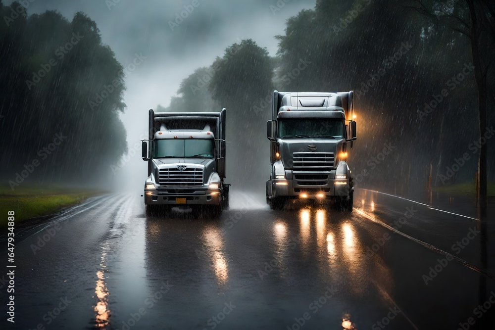 Heavy rain, overcast sky, and trucks on wet road