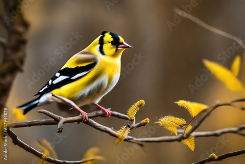 Cute male goldfinch lugano sitting on a thin limb devoid of foliage in a forest © Stone Shoaib