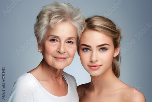 Portrait of old and young beauty women, in studio white background, face skin care, beautiful