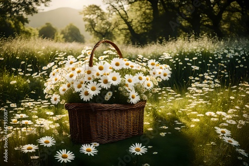 This floral scene features white flowers in a bouquet  daisies in an antique wicker bag  and a basket. The grass in the background looks misty green