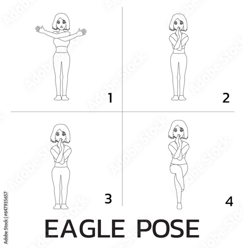 Eagle Pose Yoga Manga Tutorial How Cartoon Vector Illustration Black and White photo