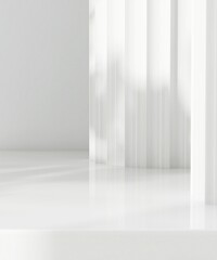 Corrugated roman pillar style on white glossy shelf counter in sunlight for luxury fashion, beauty, cosmetic, skincare, body care, hair care, organic, hygiene product display background 3D