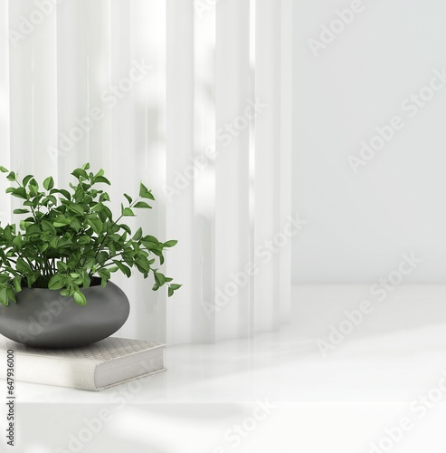 Corrugated roman pillar style on white glossy shelf counter, green plant in vase in sunlight. Luxury fashion, beauty, cosmetic, skincare, body care, organic, hygiene product display background 3D