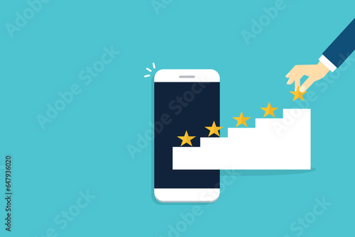 Customer Experiences Concept. Happy Client Review Five Star Rating for Online Satisfaction Surveys on a mobile phone . Positive Feedback