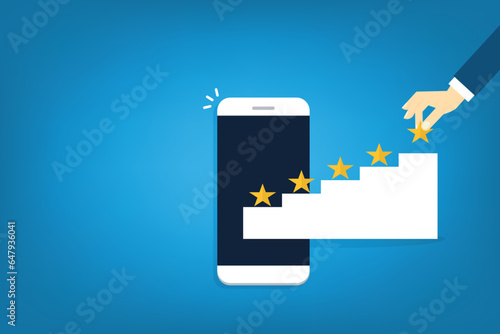 Customer Experiences Concept. Happy Client Review Five Star Rating for Online Satisfaction Surveys on a mobile phone . Positive Feedback