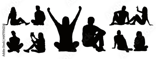 Vector set of detailed silhouettes male and female sitting on the floor isolated on white background. Vector illustration