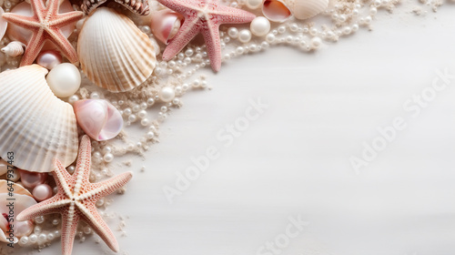 Top view white pearls, exotic seashells and starfish on white background, marine banner with copy space