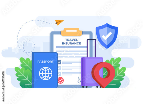 Travel insurance service concept flat illustration vector template, Flight insurance, Safety security shield, Insurance policy document