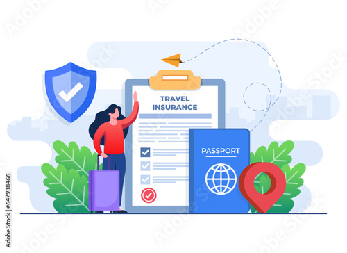 Travel insurance service concept flat illustration vector template, Flight insurance, Safety security shield, Insurance policy document